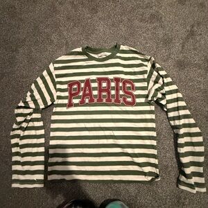 Anthropologie Green & White Striped 'PARIS' Long Sleeve Tee M